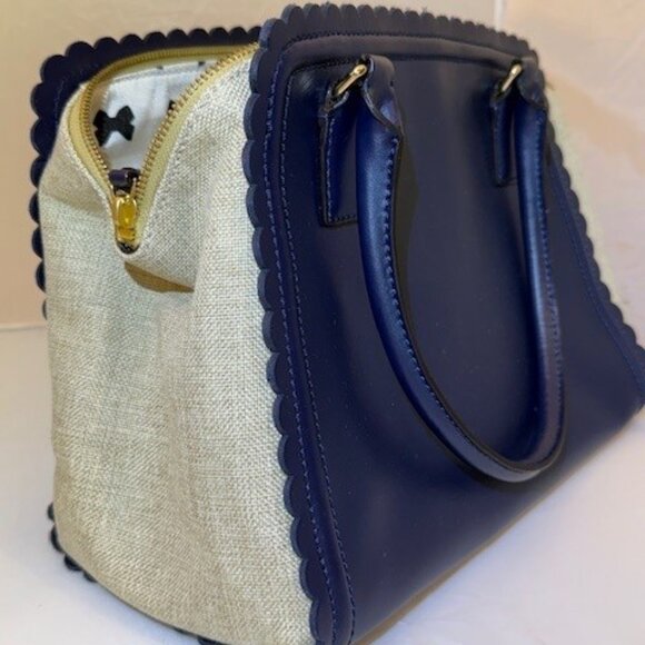Kate Spade Navy Leather & Beige Linen Scallop Detail Satchel w/matching wallet - Picture 3 of 4
